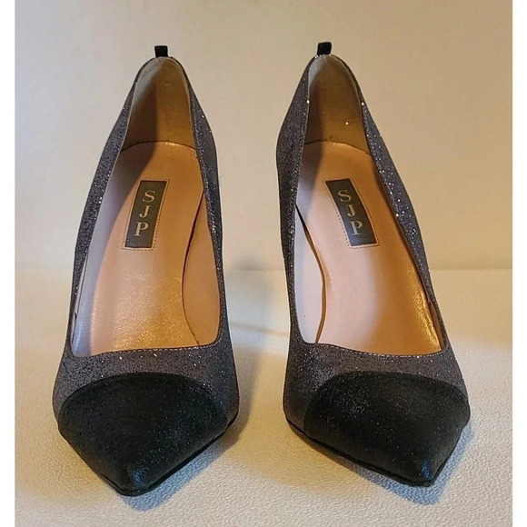 SJP SARAH JESSICA PARKER FAWN 70 GLITTER HEELS SPARKLE SILVER BLACK SZ EU 37.5 - Picture 3 of 10